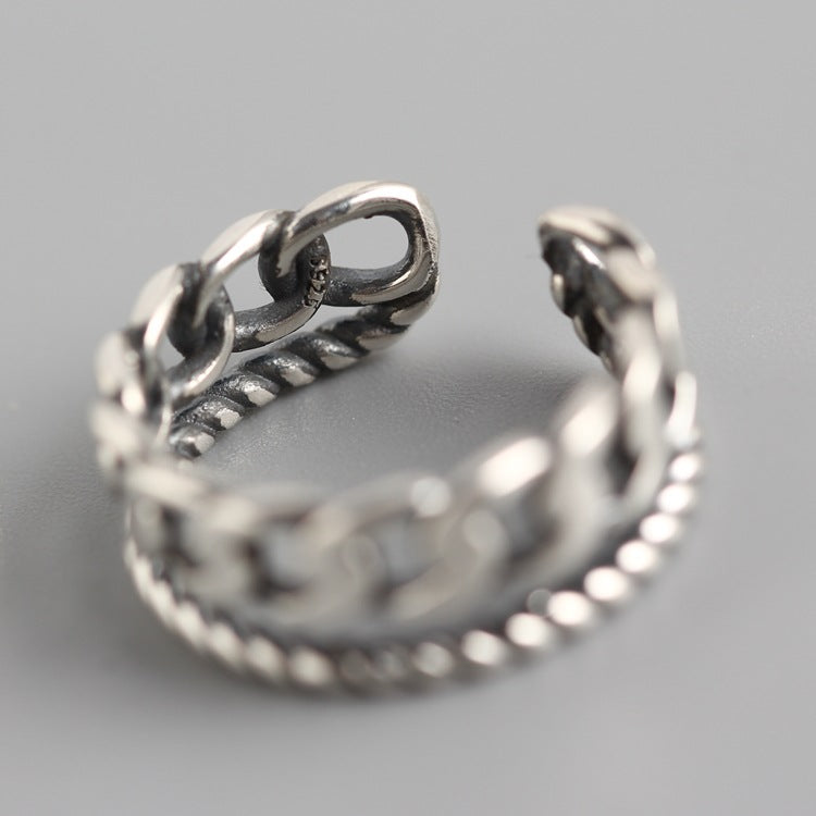 Chic 925 Sterling Silver Double Layer Cuban Link and Rope Chain Ring for Women