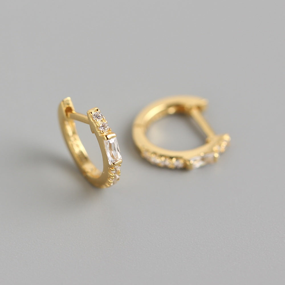 Minimalist 925 Sterling Silver Rectangle Inlay Rhinestone Hoop Earrings for Women