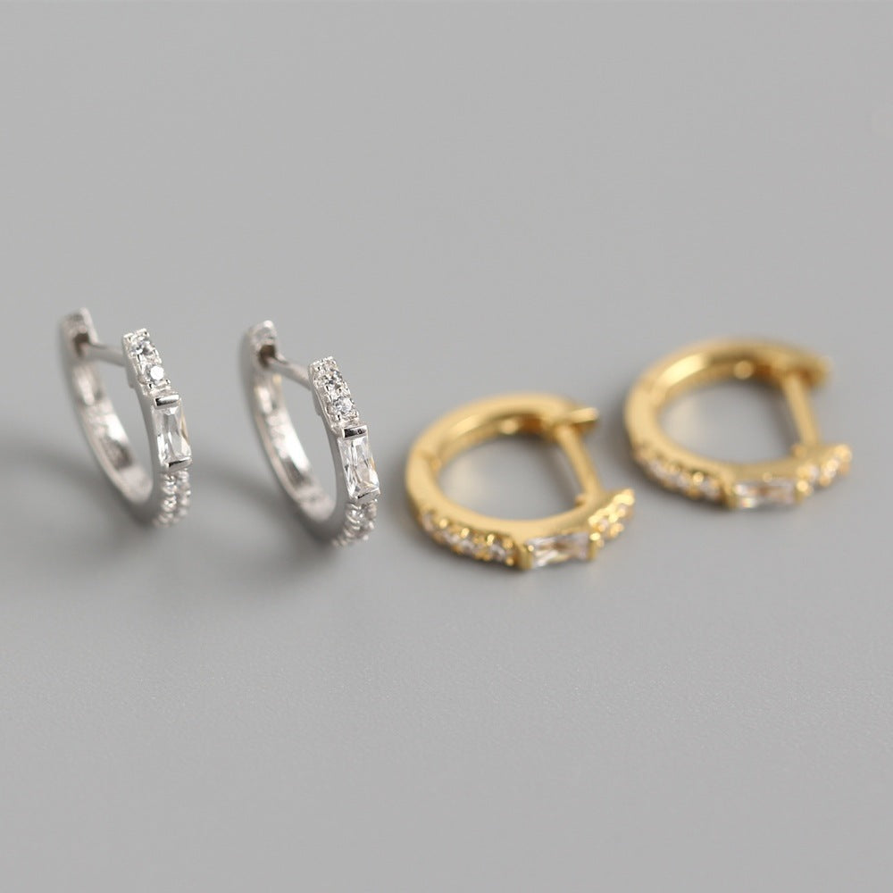 Minimalist 925 Sterling Silver Rectangle Inlay Rhinestone Hoop Earrings for Women