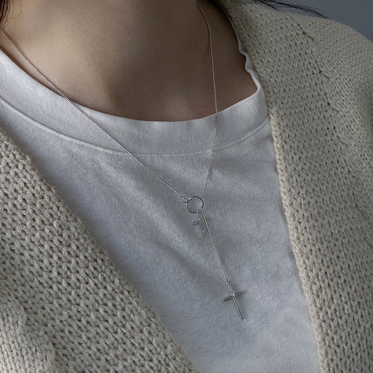 Collana Minimalista con Croce Geometrica in Argento Sterling 925 Placcato Oro Bianco