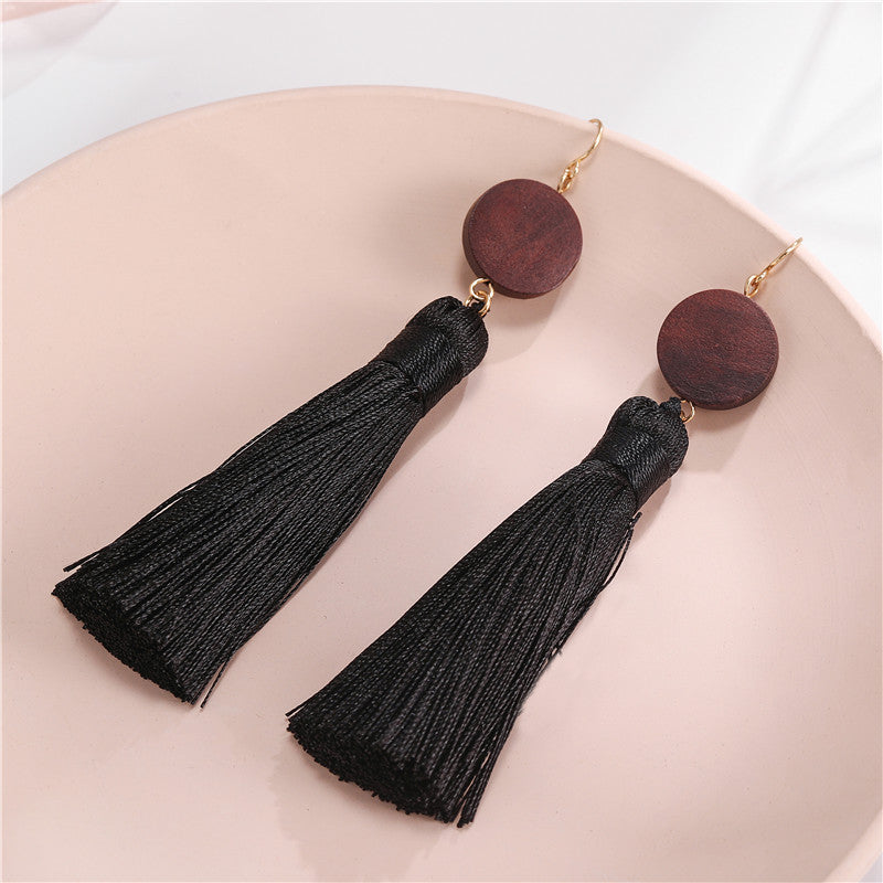 Vintage Bohemian Geometric Wood Tassel Earrings with Stainless Steel Posts
