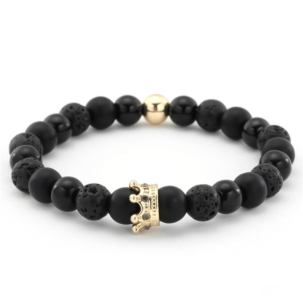 Matte Black Lava Stone Bracelet Set with Rhinestone Crown and Geometric Links for Unisex