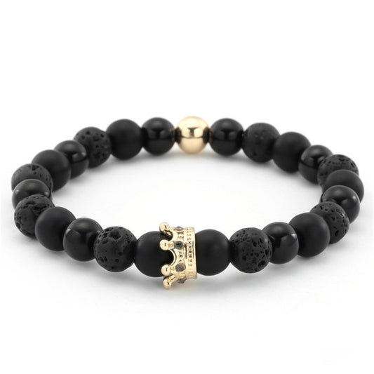 Set di bracciali in pietra lavica nera opaca con corona di strass e maglie geometriche per unisex