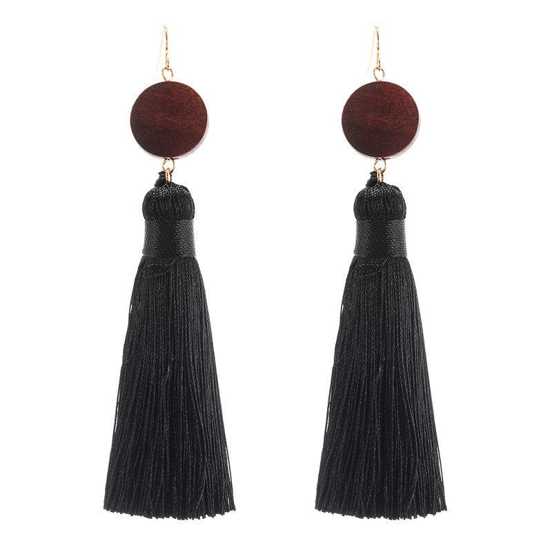 Vintage Bohemian Geometric Wood Tassel Earrings with Stainless Steel Posts