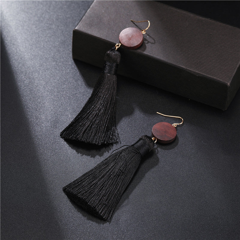 Vintage Bohemian Geometric Wood Tassel Earrings with Stainless Steel Posts