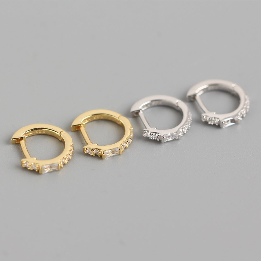 Minimalist 925 Sterling Silver Rectangle Inlay Rhinestone Hoop Earrings for Women