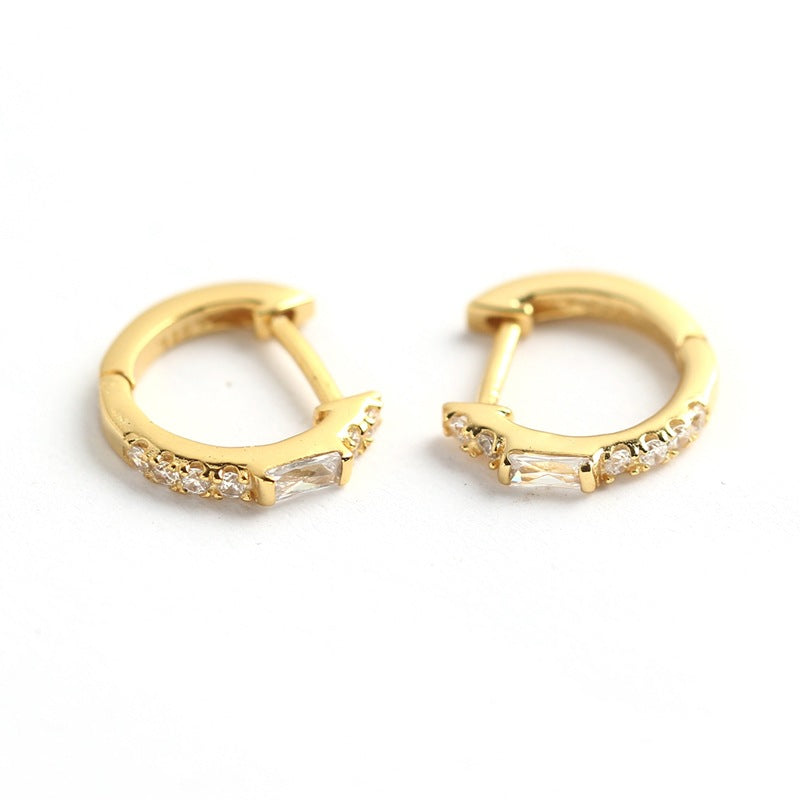 Minimalist 925 Sterling Silver Rectangle Inlay Rhinestone Hoop Earrings for Women