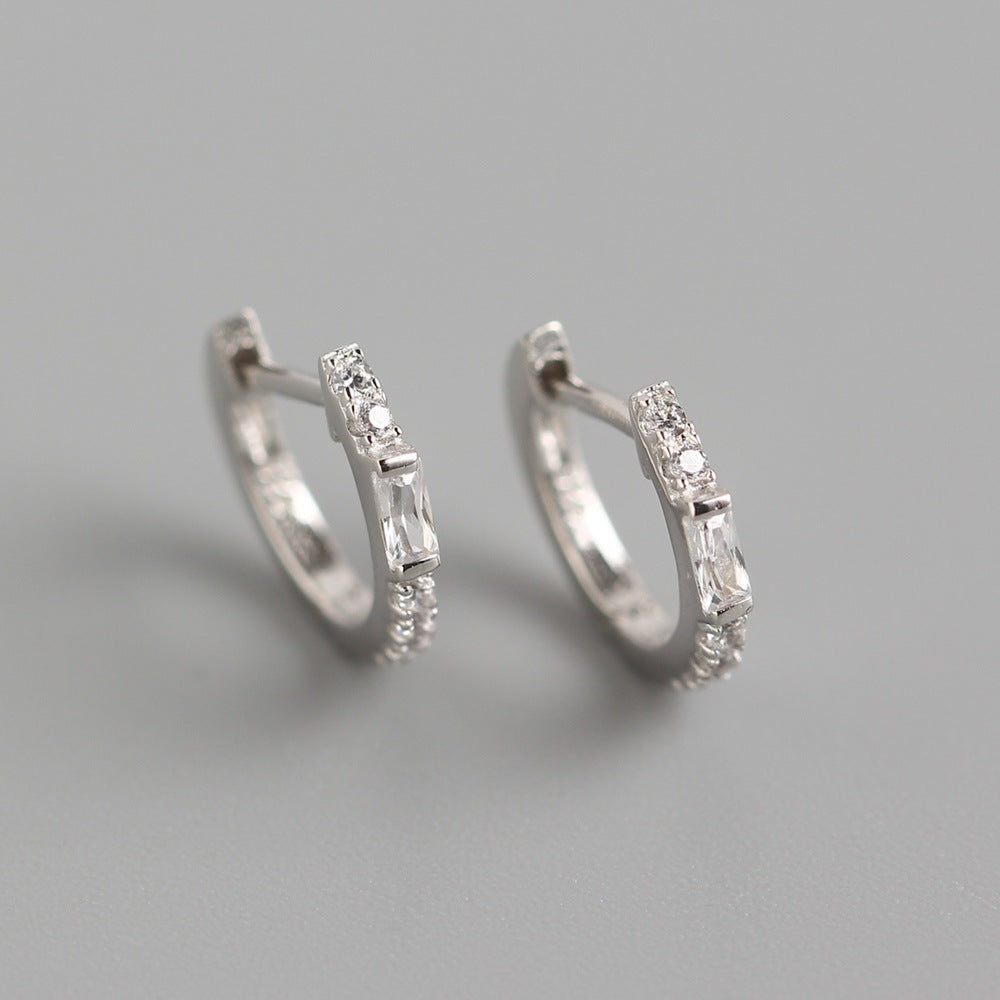 Minimalist 925 Sterling Silver Rectangle Inlay Rhinestone Hoop Earrings for Women