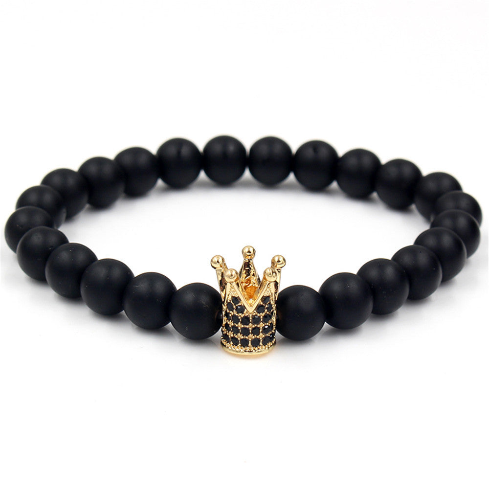 Matte Black Lava Stone Bracelet Set with Rhinestone Crown and Geometric Links for Unisex
