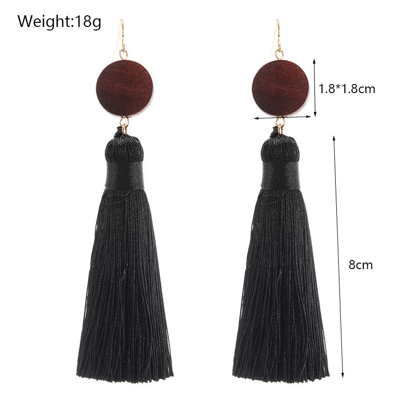 Vintage Bohemian Geometric Wood Tassel Earrings with Stainless Steel Posts
