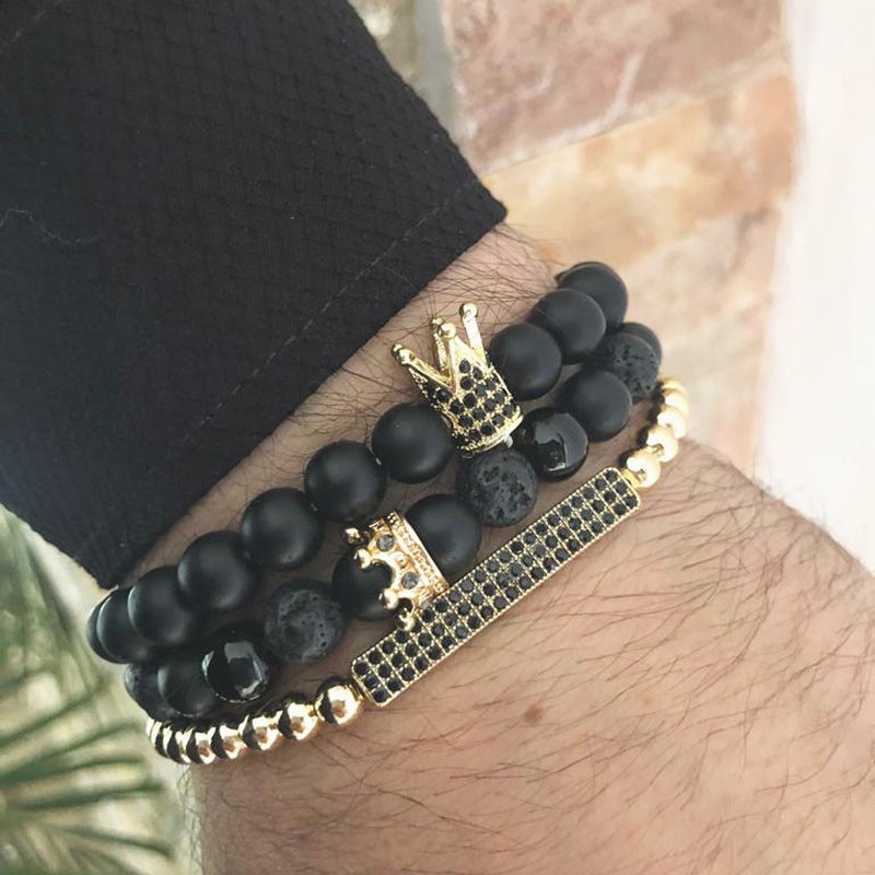 Matte Black Lava Stone Bracelet Set with Rhinestone Crown and Geometric Links for Unisex