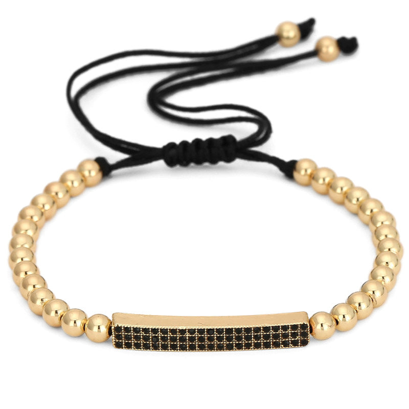 Matte Black Lava Stone Bracelet Set with Rhinestone Crown and Geometric Links for Unisex