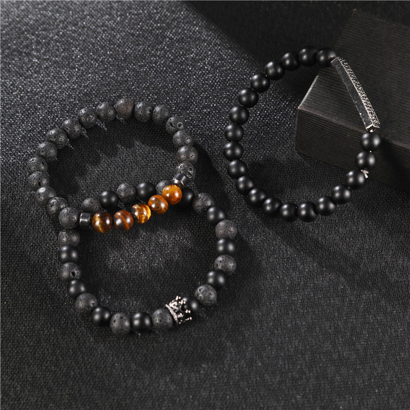 Punk Matte Volcanic Rock Tiger Eye Cubic Zirconia Crown Bar Bracelet Set for Men and Women