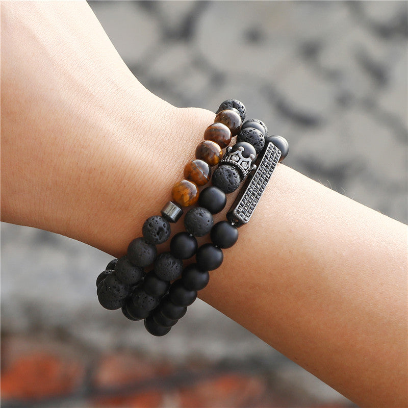 Punk Matte Volcanic Rock Tiger Eye Cubic Zirconia Crown Bar Bracelet Set for Men and Women