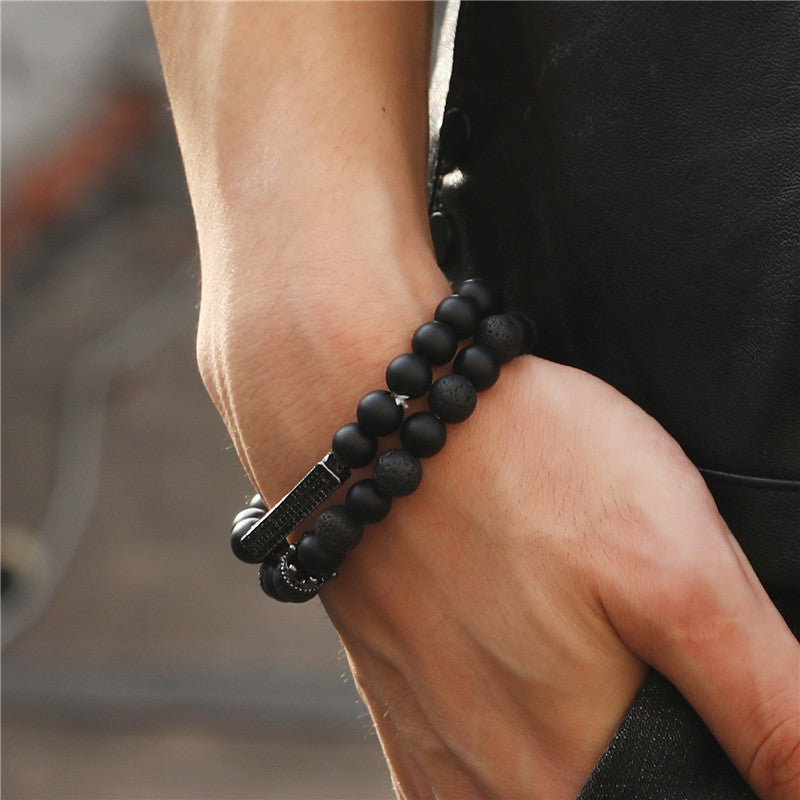 Unique Geometric Handmade Brass and Lava Rock Stretch Bracelet Set