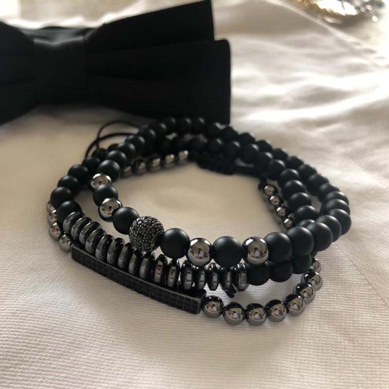 Matte Geometric Brass Bracelet Set with Cubic Zirconia Inlay for Unisex