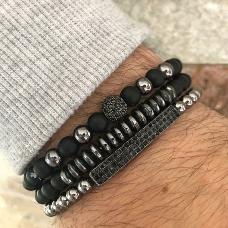 Matte Geometric Brass Bracelet Set with Cubic Zirconia Inlay for Unisex