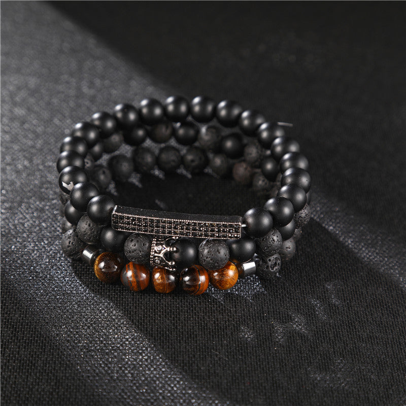 Punk Matte Volcanic Rock Tiger Eye Cubic Zirconia Crown Bar Bracelet Set for Men and Women