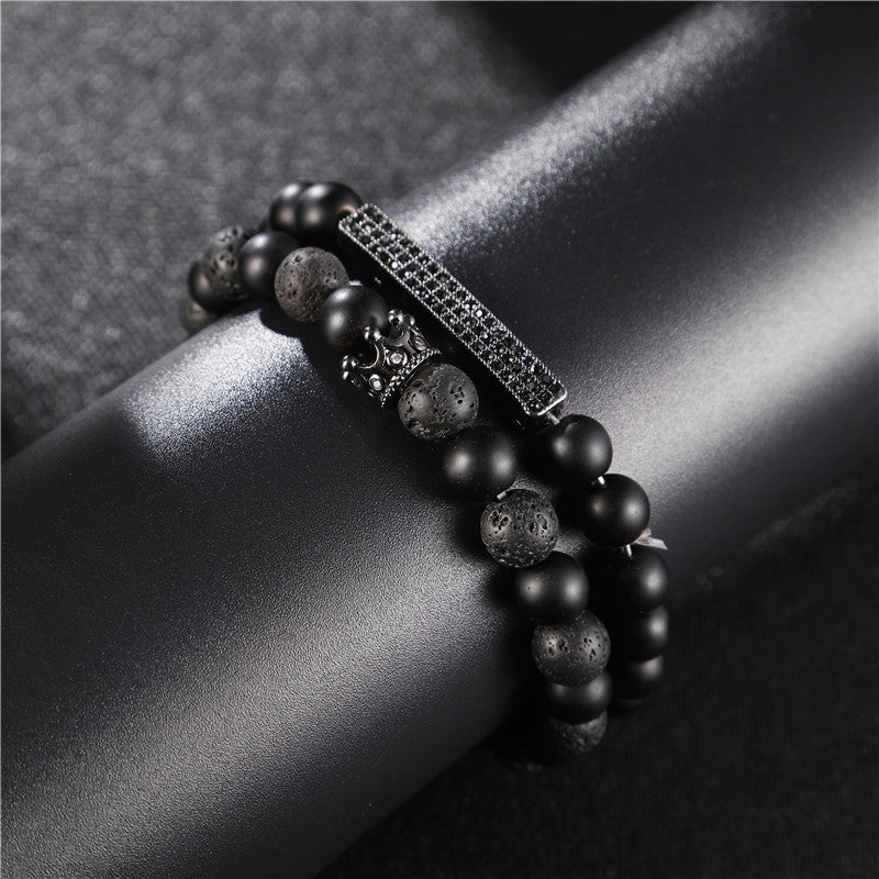 Unique Geometric Handmade Brass and Lava Rock Stretch Bracelet Set