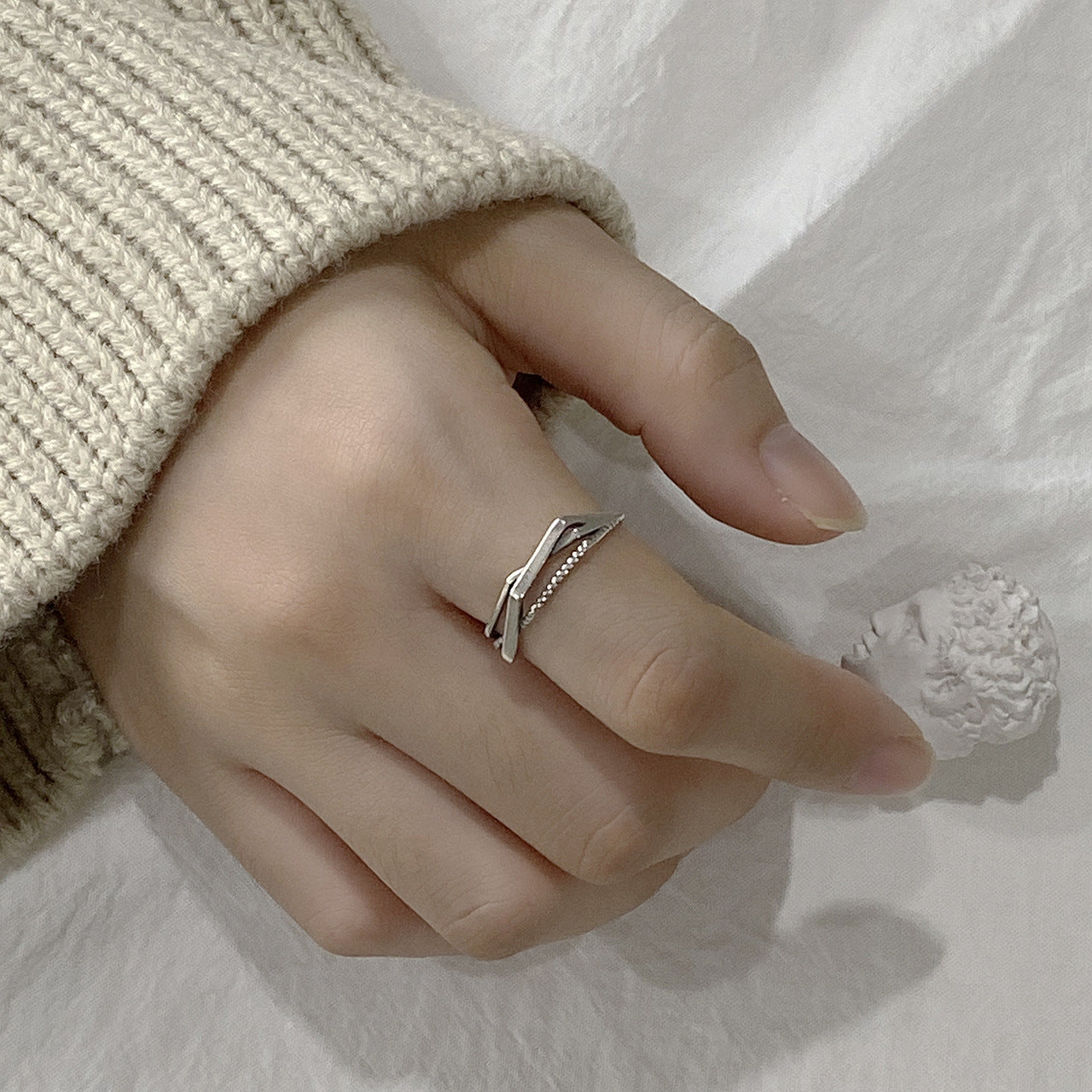 Anillo Corazón Geométrico Trenzado de Plata de Ley 925 Minimalista Vintage para Mujer