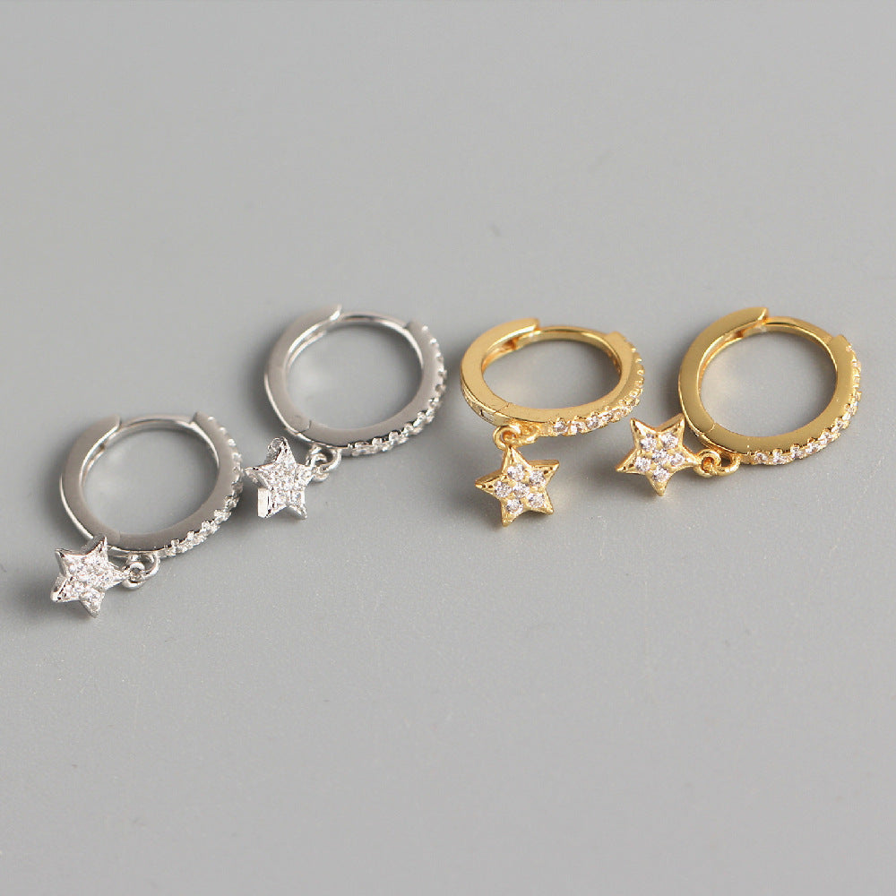 Sweet 925 Sterling Silver Star Diamond Hoop Earrings