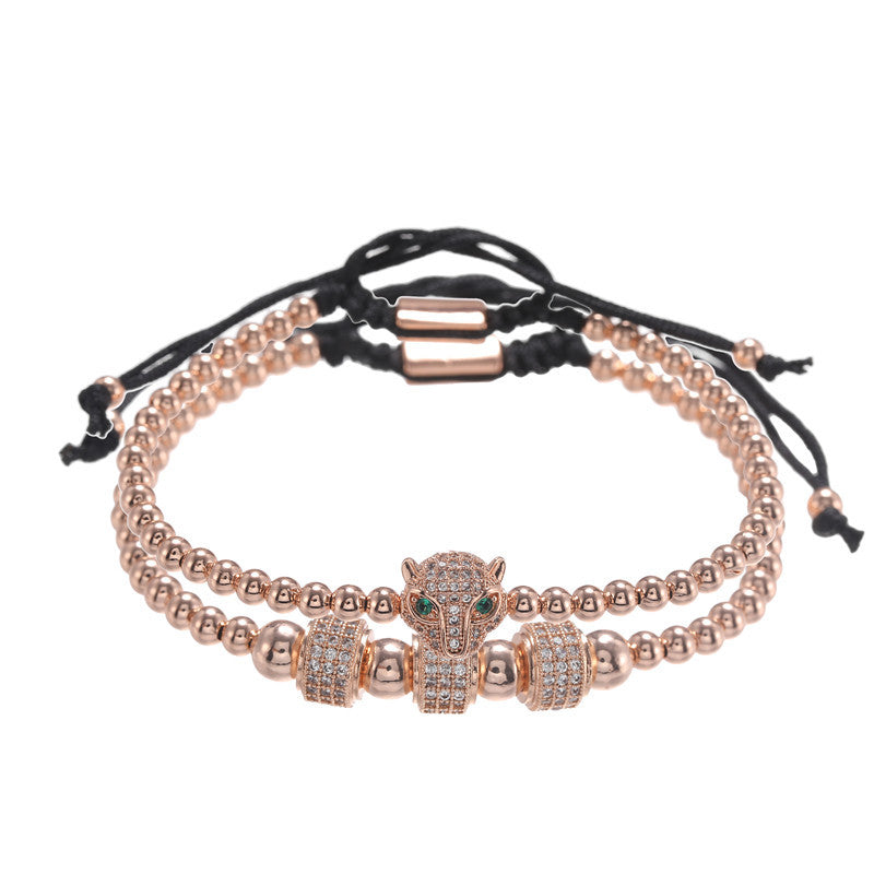 Vintage Micro-Paved Cubic Zirconia Leopard Head Geometric Brass Bracelet Set