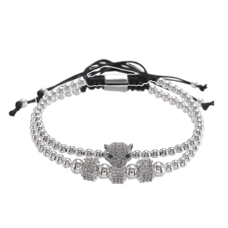 Vintage Micro-Paved Cubic Zirconia Leopard Head Geometric Brass Bracelet Set