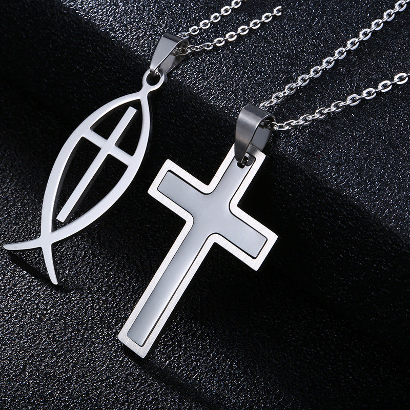 Collana con croce in acciaio inossidabile e titanio, ciondolo geometrico, unisex, con catena a O, accessorio di moda