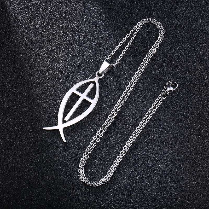 Collana con croce in acciaio inossidabile e titanio, ciondolo geometrico, unisex, con catena a O, accessorio di moda