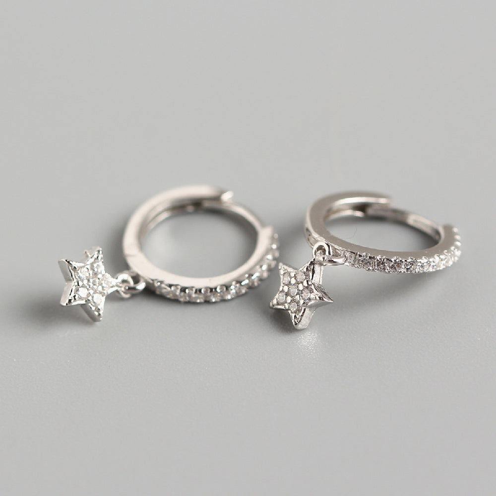 Sweet 925 Sterling Silver Star Diamond Hoop Earrings
