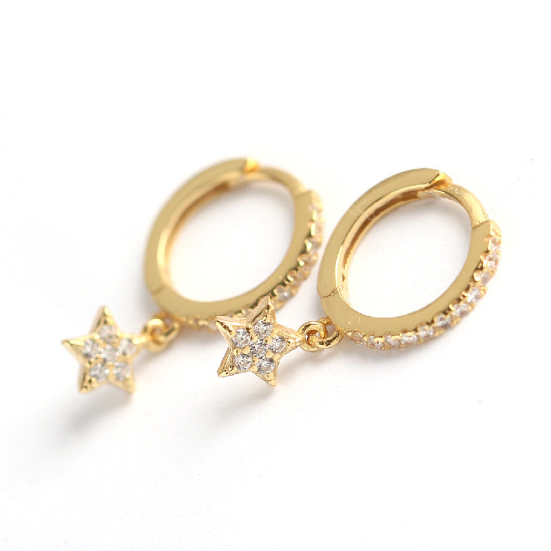 Sweet 925 Sterling Silver Star Diamond Hoop Earrings