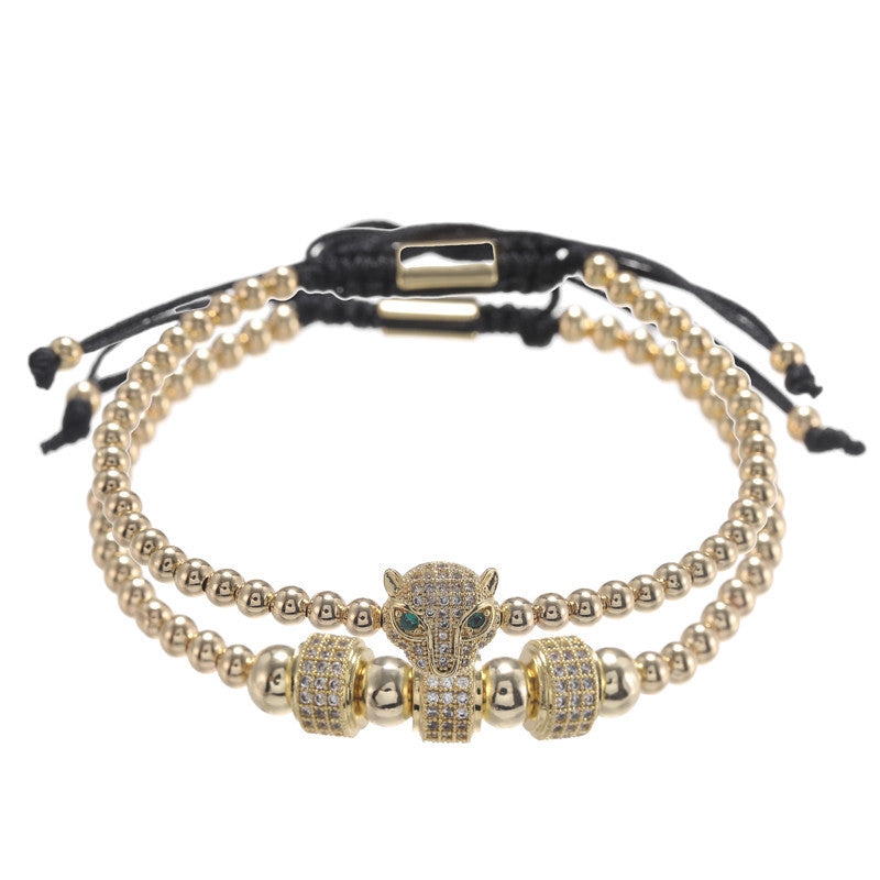 Vintage Micro-Paved Cubic Zirconia Leopard Head Geometric Brass Bracelet Set