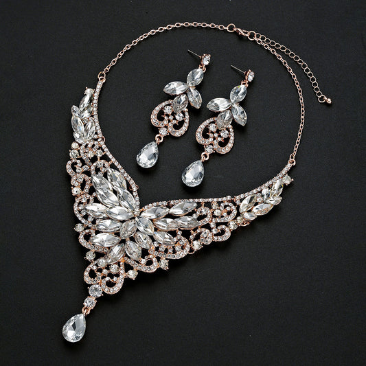 Fashion Floral Geometric Rhinestone Alloy Necklace and Earrings Set for Women