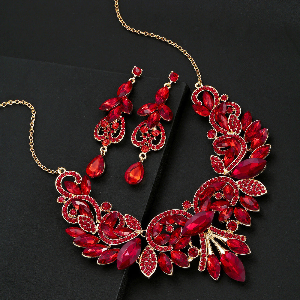 Set Collana e Orecchini da Donna con Fiori, Fresco e Delicato, in Lega, con Intarsio di Strass e Catena a Sfera Placcata