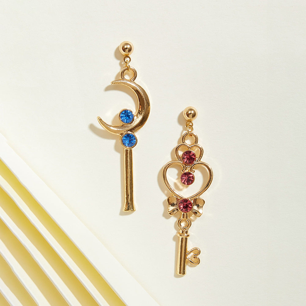 Aretes de luna geométrica dulce y atrevida, aleación bañada con diamantes de imitación