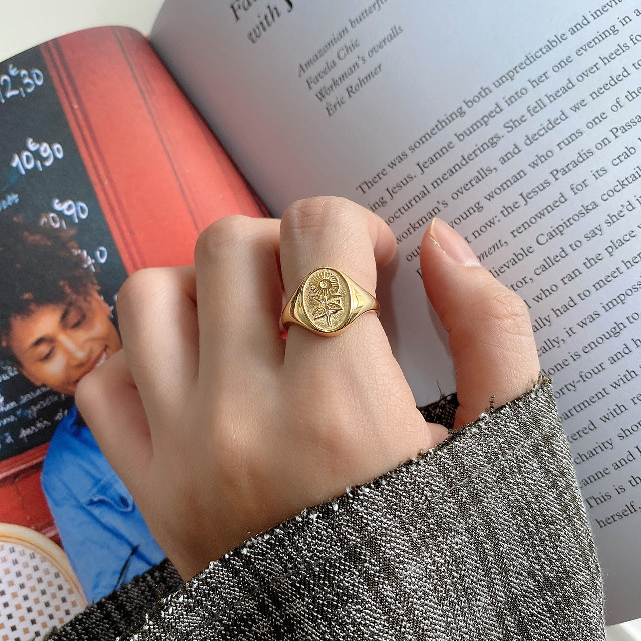 Anello da donna in argento sterling 925, con cuore e girasole, stile minimalista