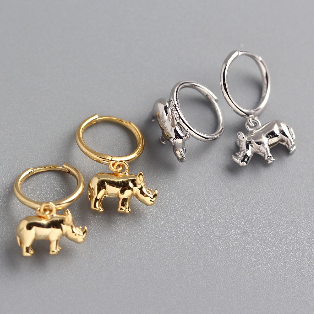 Orecchini a cerchio da donna a forma di rinoceronte, in argento sterling 925 lucido