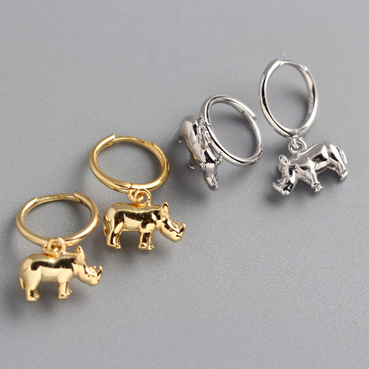 Orecchini a cerchio da donna a forma di rinoceronte, in argento sterling 925 lucido