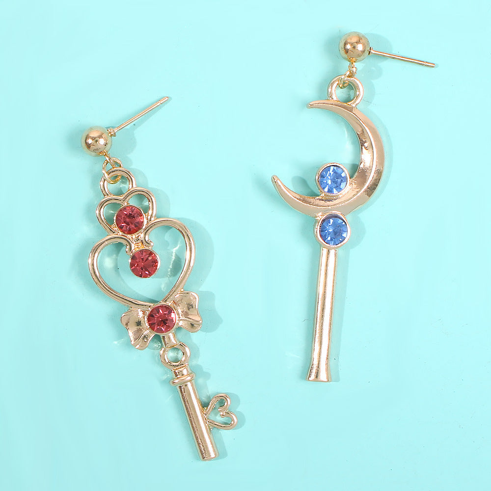 Aretes de luna geométrica dulce y atrevida, aleación bañada con diamantes de imitación