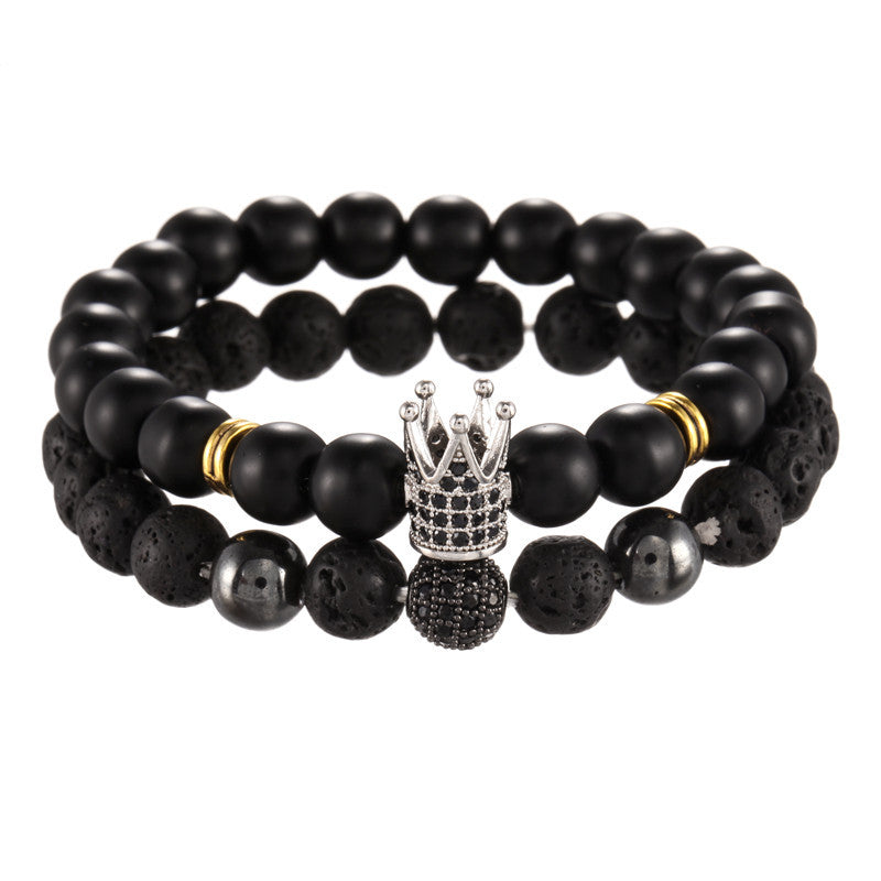 Sporty Casual 8mm Matte Round Brass Bracelet Set with Cubic Zirconia and Crown Element