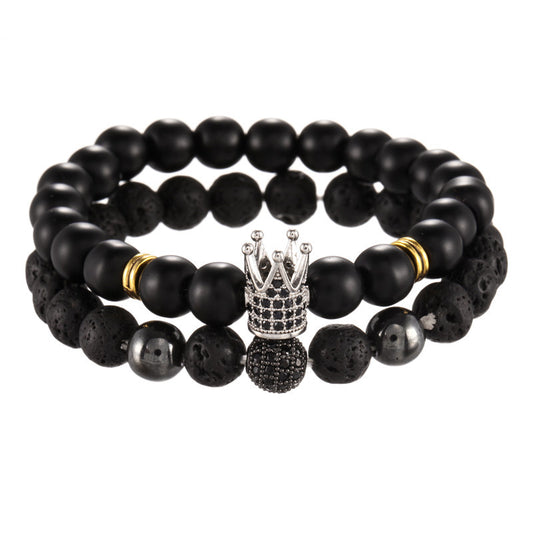 Sporty Casual 8mm Matte Round Brass Bracelet Set with Cubic Zirconia and Crown Element
