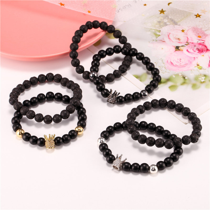Casual 8mm Round Matte Lava Stone Cubic Zirconia Crown Bracelet Set for Men and Women
