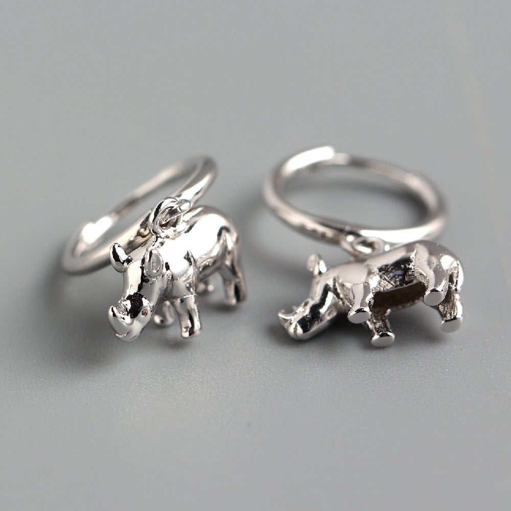 Orecchini a cerchio da donna a forma di rinoceronte, in argento sterling 925 lucido