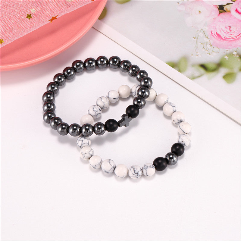 Matte Howlite and Hematite Geometric Cross Stretch Bracelet Set for Men and Women