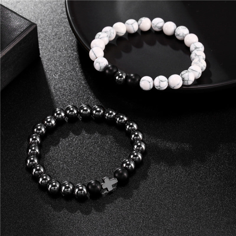 Matte Howlite and Hematite Geometric Cross Stretch Bracelet Set for Men and Women
