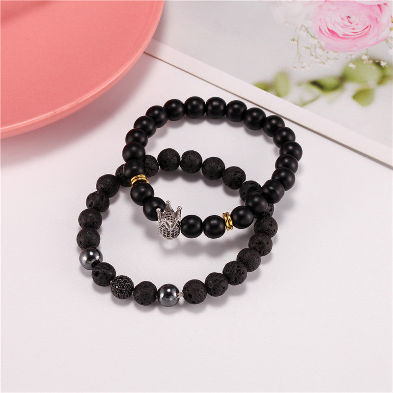 Sporty Casual 8mm Matte Round Brass Bracelet Set with Cubic Zirconia and Crown Element