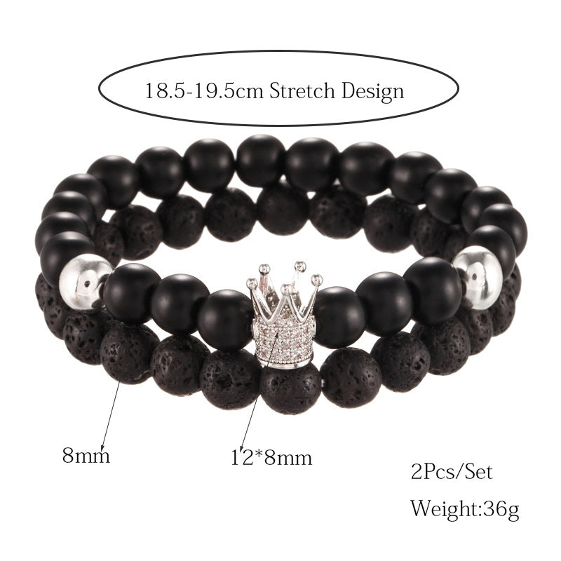 Casual 8mm Round Matte Lava Stone Cubic Zirconia Crown Bracelet Set for Men and Women
