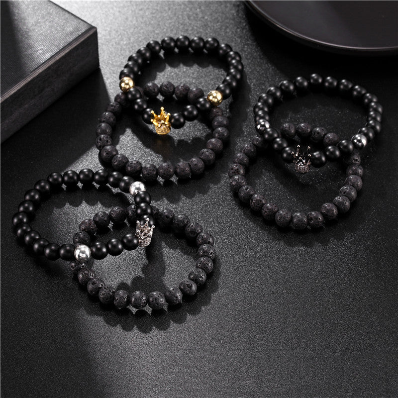 Casual 8mm Round Matte Lava Stone Cubic Zirconia Crown Bracelet Set for Men and Women