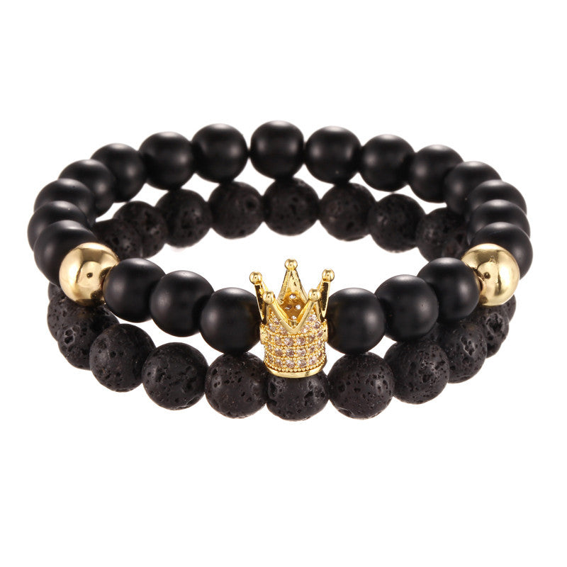 Casual 8mm Round Matte Lava Stone Cubic Zirconia Crown Bracelet Set for Men and Women
