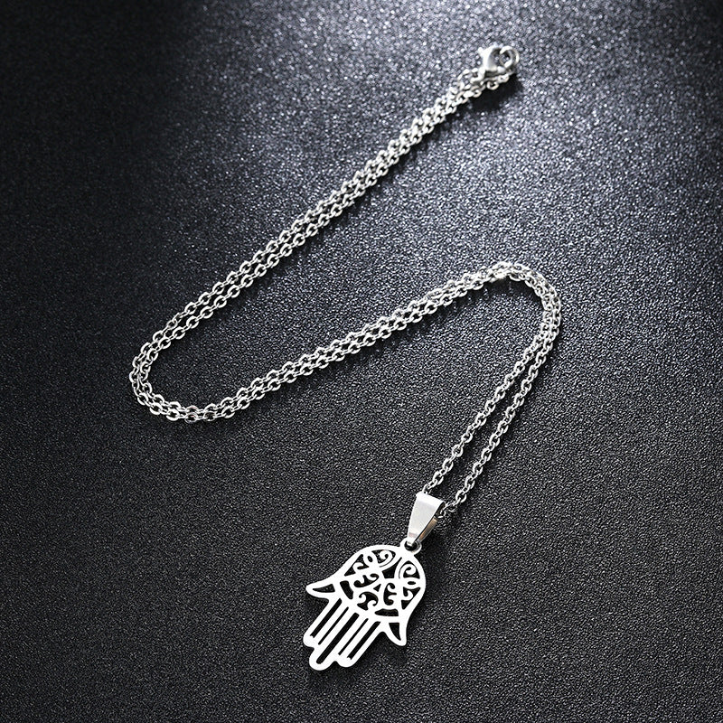 Collana con Ciondolo Mano di Fatima Geometrica in Acciaio Inossidabile Placcato, Catena a O, Accessorio Moda Unisex